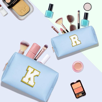 TOPEAST Initial Makeup Bag, Preppy Portable Chenille Letter Cosmetic Bag with Zipper, 2 PCS PU Leather Waterproof Makeup Pouch Makeup Organizer Bag Preppy Stuff For Female, Blue M