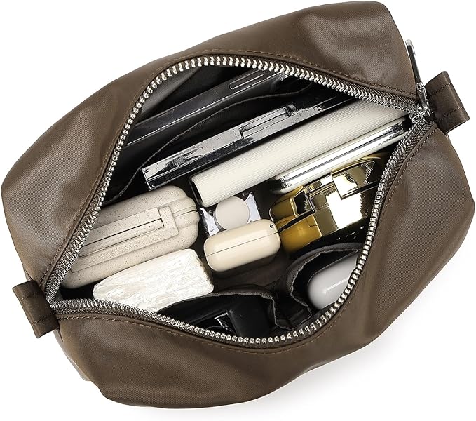Organizer Bag Lightweight Cosmetic Bag with Ring Clasp Perfect Travel Makeup Bag for Women nylon Stand Up Design (Brown/Nylon)