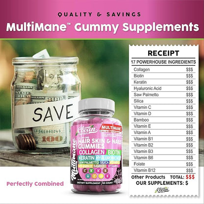 Biotin Collagen Keratin Gummies | Hair Skin and Nails Vitamins for Women | Hyaluronic Acid Bamboo Vitamin A C D3 E Folate With Saw Palmetto Silica B3 B12 Vegan Gummy By Clean Nutra