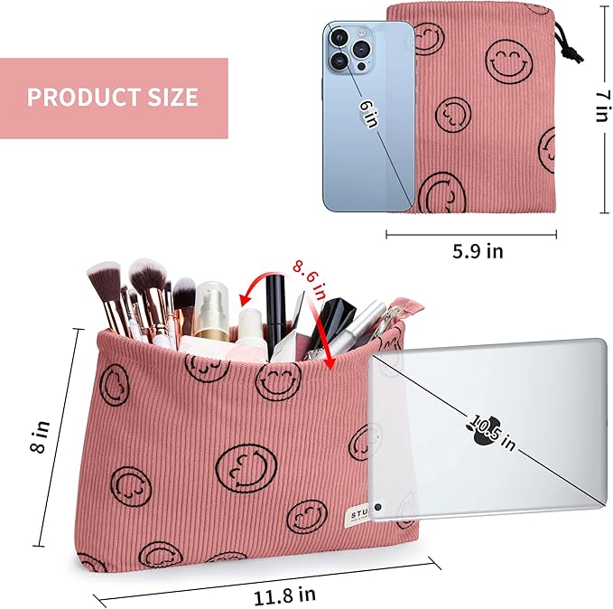 WLLWOO Makeup Bag-2pcs Smile Face Corduroy Cosmetic Bag Zipper Interior Waterproof Pencil Case Coin Purse Travel Toiletry Small Makeup Pouch For Women
