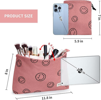 WLLWOO Makeup Bag-2pcs Smile Face Corduroy Cosmetic Bag Zipper Interior Waterproof Pencil Case Coin Purse Travel Toiletry Small Makeup Pouch For Women