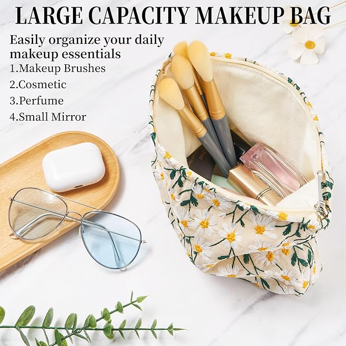 WOZEAH Floral Makeup Bag for Purse Small Cosmetic Pouch,Stylish Zipper Make up Pouch Travel Canvas Toiletry Bags(Beige Daisy)