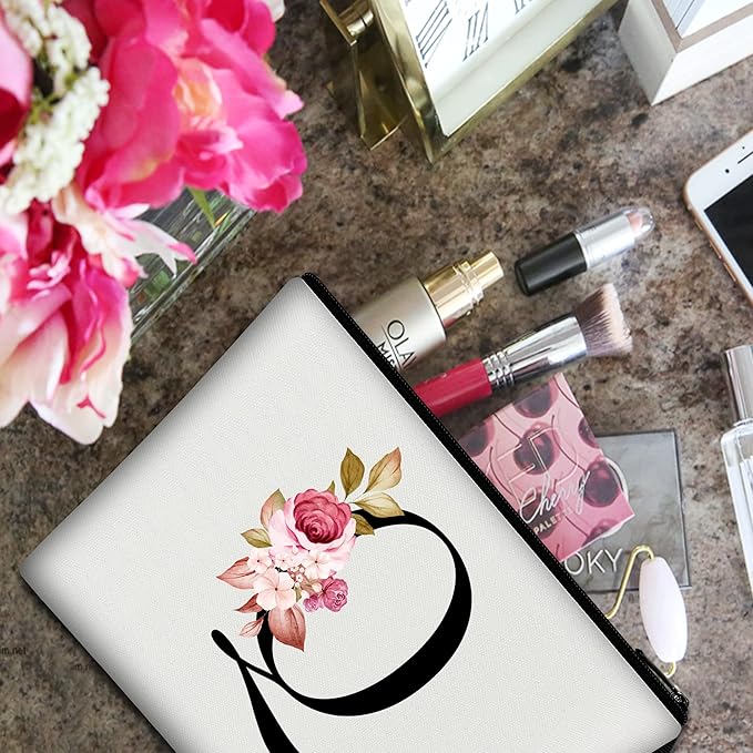Vavabox A-Z Personalized Makeup Bag, Birthday Gifts for Women Mom, Gifts for Best Friend, Bride Bridesmaid Cosmetic bag (Q, White)