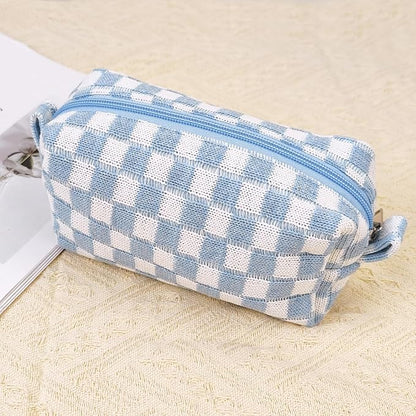 Small Cute Checkered Makeup Bag - Portable Cosmetic Pouch with Zipper, Travel Toiletry Bag, Purse Organizer, Beauty Storage, Blue