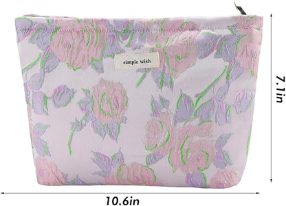 Flower Makeup Bag Travel Large Cosmetic Bag for Women Cute Rose Makeup Pouch Zipper Cosmetic Pouch for Purse Aesthetic Pink Floral Make up Organizer Bag Portable Toiletry Bag