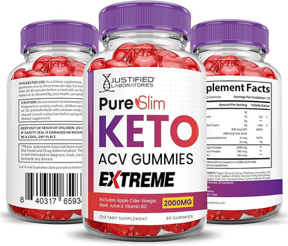 Pure Slim Keto ACV Gummies Extreme 2000MG PureSlim Keto Gummies Advanced Formula Apple Cider Vinegar with Pomegranate Beet Juice Powder B12 Vegan Non GMO 60 Gummys
