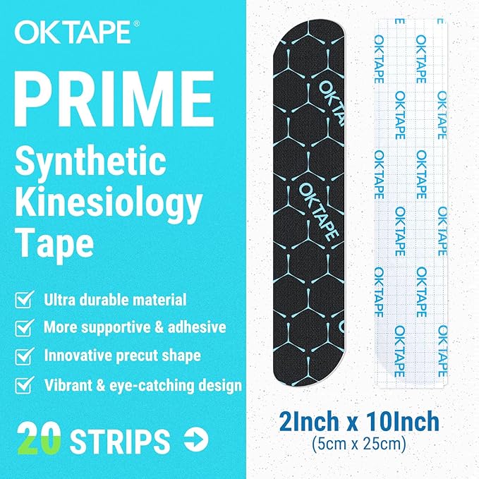 OK TAPE Synthetic Kinesiology Tape, 20 Strips, Precut K Tape, Performance Elastic Athletic Tape for Pain Relief & Muscle Support, Waterproof, 2" x 10" -Black