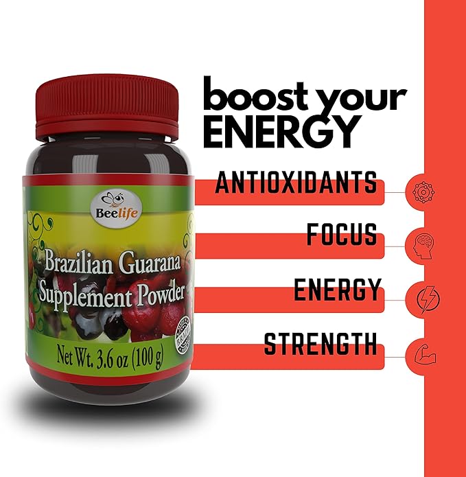 Beelife Brazilian Guarana Powder - Natural Caffeine Supplements from Brazil - Energy & Mental Focus, Muscle Strength Support - Zero Gluten, No Sugar Vegan Pre Workout for Men & Women - 100g