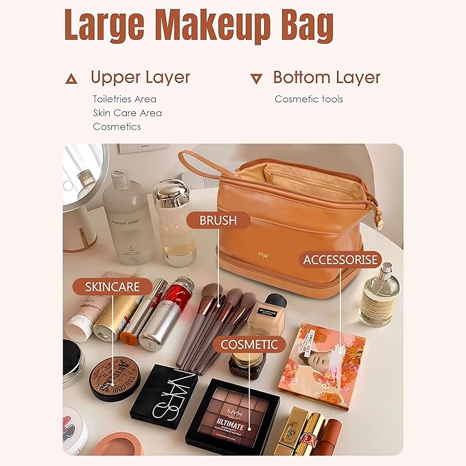 NGIL Faux Leather Cosmetic Bag for Women, Makeup Bag Organizer, Makeup Brush Storage, Portable Travel Bag for Toiletries (Solid, Brown, Medium)