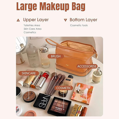 NGIL Faux Leather Cosmetic Bag for Women, Makeup Bag Organizer, Makeup Brush Storage, Portable Travel Bag for Toiletries (Solid, Brown, Medium)