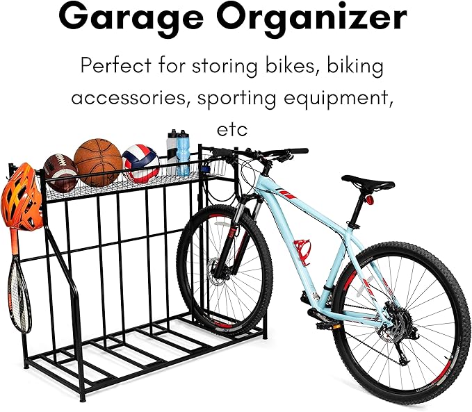 BIRDROCK HOME Bike Rack Garage Storage Floor Stand - Freestanding Organizer for Outdoor Yard - Upright Wall Mount for Scooters, Rakes, Motorcycles, Hoverboards, Gloves - Holds 4 Bicycle - Black