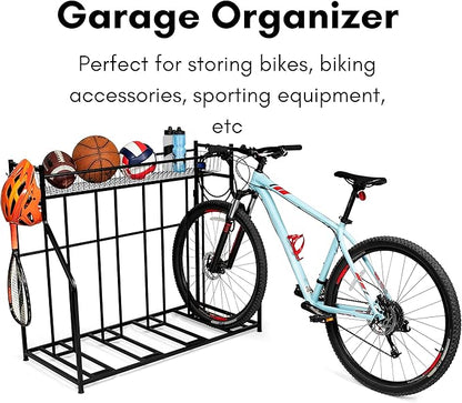 BIRDROCK HOME Bike Rack Garage Storage Floor Stand - Freestanding Organizer for Outdoor Yard - Upright Wall Mount for Scooters, Rakes, Motorcycles, Hoverboards, Gloves - Holds 4 Bicycle - Black