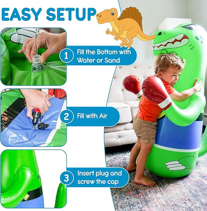 Inflatable Dinosaur Punching Bag for Kids – Bop Bag for Toddlers and Children Ages 3-14 – 47" Blow Up Toy with Bounce-Back Action – Fill Base with Sand or Water