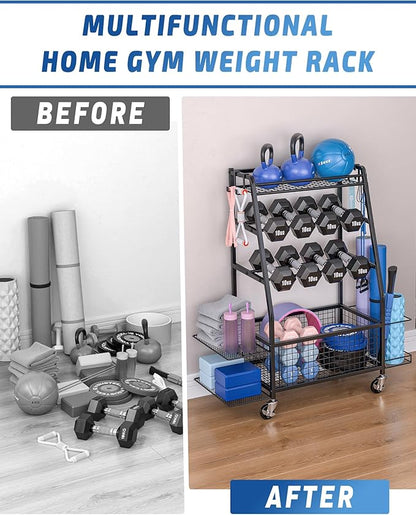 Staransun Dumbbell Rack Stand - Weight Rack for Dumbbells - Home Gym Storage Rack with 4 Flexible Wheels - Weight Rack for Home Gym with Side Storage and Hooks
