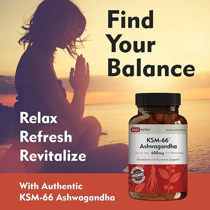 KSM-66 Ashwagandha 600mg Organic Root Extract - High Potency Supplement with 5% Withanolides | Relieves Tiredness, Supports Relaxation, Focus, Energy, & Muscle Growth (60 Capsules)