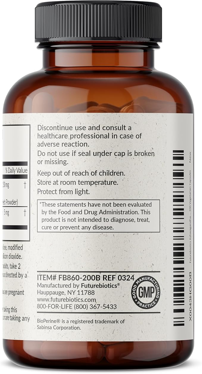 Futurebiotics Ashwagandha Extra Strength Stress & Mood Support with BioPerine - Non GMO Formula, 200 Vegetarian Capsules