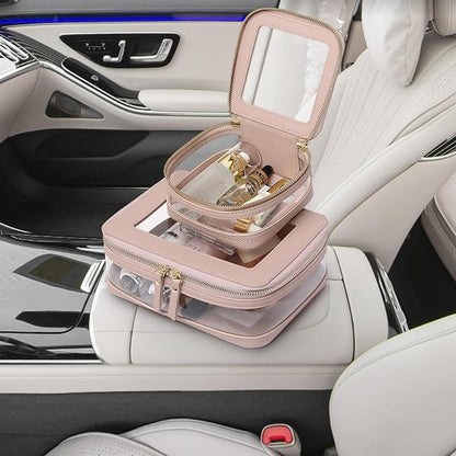 Clear Makeup Bag with Zipper Waterproof Travel Makeup Set for Cosmetics and Toiletries Women's Purse Organizer and Car Essentials (Pink, M+MINI)
