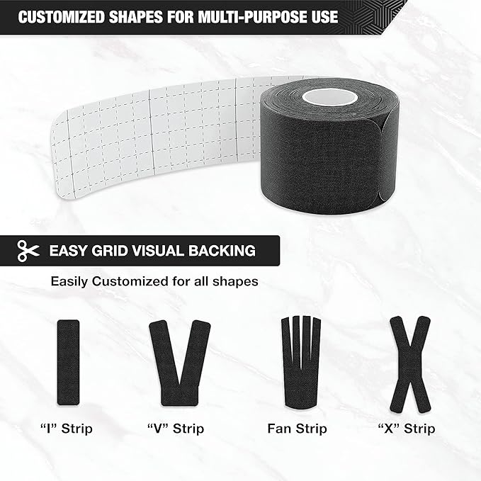 EVERLIT [Single] Pre-Cut Elastic Cotton Kinesiology Therapeutic Athletic Sports Tape, for Pain Relief and Support, 20 Precut 10” Strips (Black)