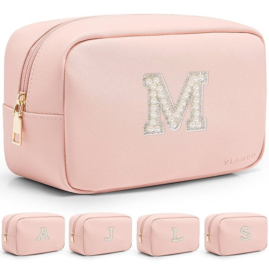 Vlando Travel Gifts for Women Cute Initial Makeup Bag Graduation Gifts for Teen Personalized Birthday Gifts Idea for Women Teacher Bridesmaid Best Friend Mom,Letter M