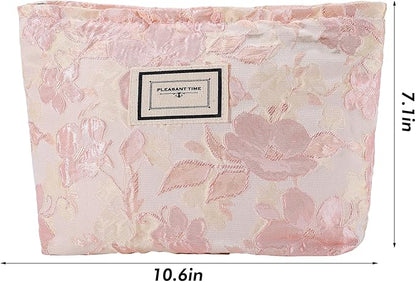 Flower Makeup Bag Travel Large Floral Cosmetic Bags for Women Cute Makeup Pouch Zipper Cosmetic Pouch for Purse Embossed Pink Aesthetic Make up Organizer Bag Portable Toiletry Bag