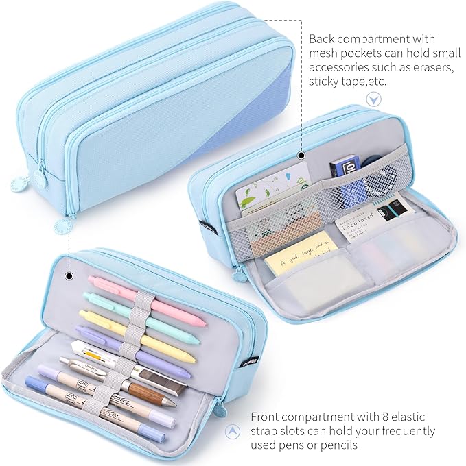CICIMELON Big Capacity Pencil Case 3 Compartments Pen Pouch Bag Multifunctional Organizer for School Office, Haze Blue