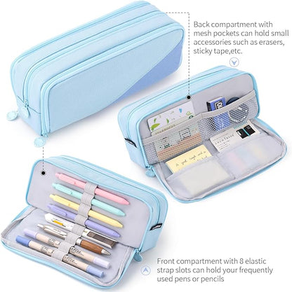 CICIMELON Big Capacity Pencil Case 3 Compartments Pen Pouch Bag Multifunctional Organizer for School Office, Haze Blue