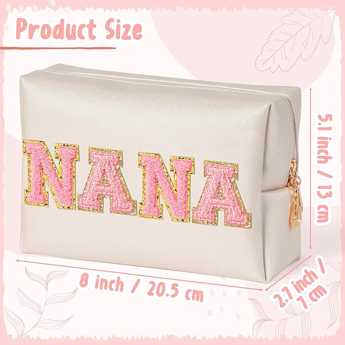 CY2SIDE NANA Letter Makeup Bag - Pink Nana Chenille Letter Patch Cosmetic Bag for Grandma Women Shell Gold PU Leather Patch Pouch Waterproof Portable Zipper Travel Organizer Gift for Mother's Day
