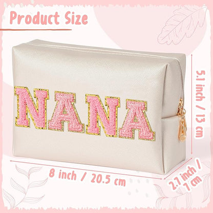 CY2SIDE NANA Letter Makeup Bag - Pink Nana Chenille Letter Patch Cosmetic Bag for Grandma Women Shell Gold PU Leather Patch Pouch Waterproof Portable Zipper Travel Organizer Gift for Mother's Day