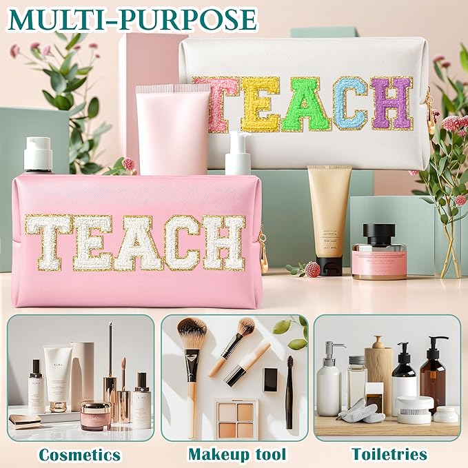 CY2SIDE TEACH Letter Makeup Bag - White TEACH Chenille Letter Patch Cosmetic Bag Pink PU Leather Patch Travel Pouch Waterproof Portable Zipper Travel Organizer for Teacher Appreciation Gifts Xams Gift