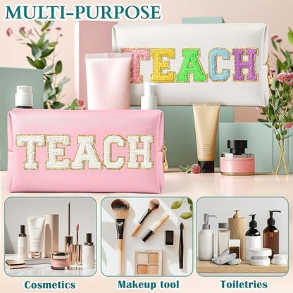 CY2SIDE TEACH Letter Makeup Bag - White TEACH Chenille Letter Patch Cosmetic Bag Pink PU Leather Patch Travel Pouch Waterproof Portable Zipper Travel Organizer for Teacher Appreciation Gifts Xams Gift