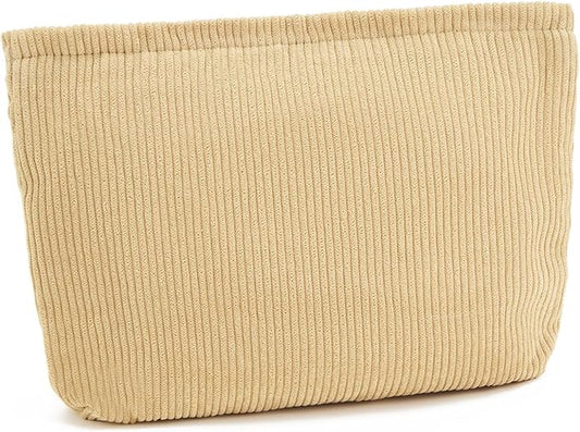 WOZEAH Corduroy Makeup Bag for Purse Small Cosmetic Pouch,Stylish Zipper Make up Pouch Travel Canvas Toiletry Bags(Corduroy Apricot)