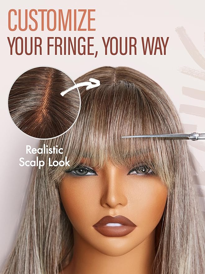 GORGIUS Straight Glueless Wig with Bangs Ash Brown to Blonde Layered Hair Ready-to-Go Synthetic Bang Wigs with Realistic Scalp 24 Inch