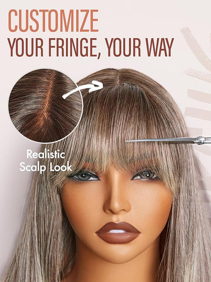 GORGIUS Straight Glueless Wig with Bangs Ash Brown to Blonde Layered Hair Ready-to-Go Synthetic Bang Wigs with Realistic Scalp 24 Inch