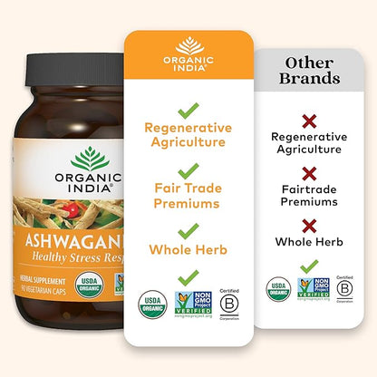 ORGANIC INDIA Ashwagandha Capsules - Organic Ashwagandha Supplement - Vegan Ashwagandha Root, Gluten-Free, Kosher, Non-GMO, Supports Stress Relief, Energy, and Sleep - 60 Capsules