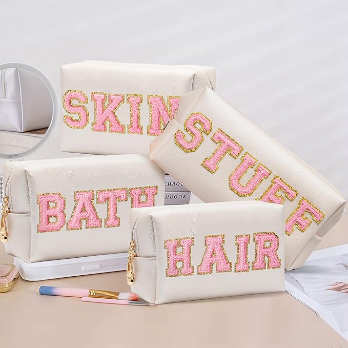 CY2SIDE STUFF Letter Makeup Bag - 4PCS Pink Stuff Hair Bath Skin Chenille Letter Patch Cosmetic Bag Preppy PU Leather Patch Pouch Waterproof Portable Zipper Travel Organizer Xmas Gifts for Women Girls