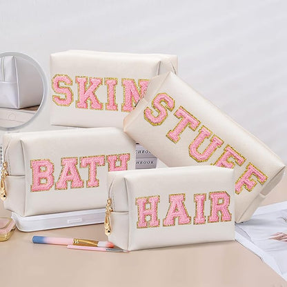 CY2SIDE STUFF Letter Makeup Bag - 4PCS Pink Stuff Hair Bath Skin Chenille Letter Patch Cosmetic Bag Preppy PU Leather Patch Pouch Waterproof Portable Zipper Travel Organizer Xmas Gifts for Women Girls