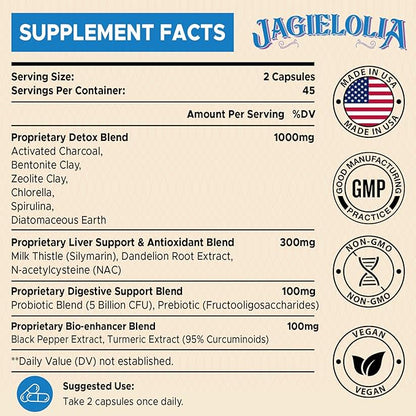 All-In-One Detox Binder Supplement 1500 MG - High Bioavailability, Liver Gut Detox Cleanse with Activated Charcoal, Zeolite & Bentonite Clay for Toxins, Liver, Digestive, 900 Vegan Capsules