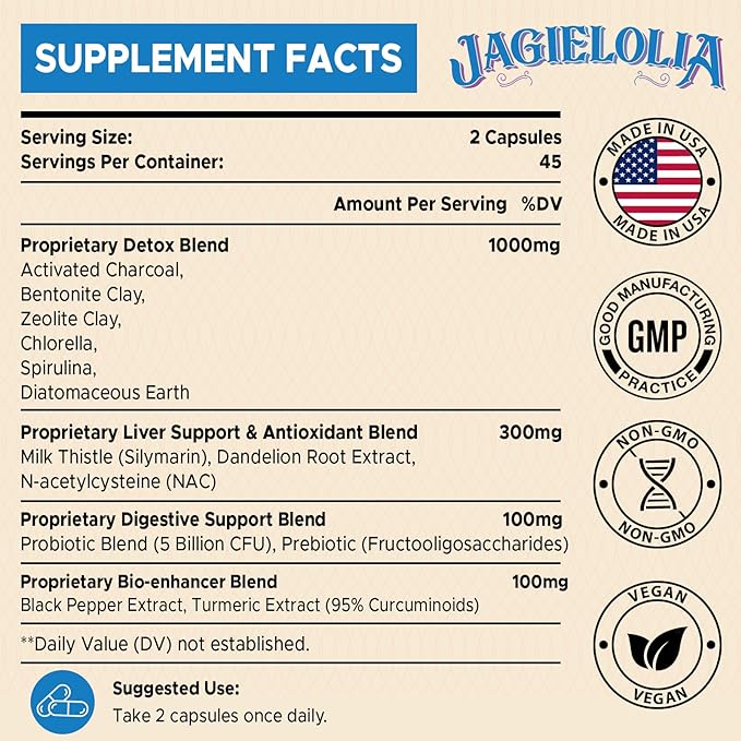All-In-One Detox Binder Supplement 1500 MG - High Bioavailability, Liver Gut Detox Cleanse with Activated Charcoal, Zeolite & Bentonite Clay for Toxins, Liver, Digestive, 180 Vegan Capsules
