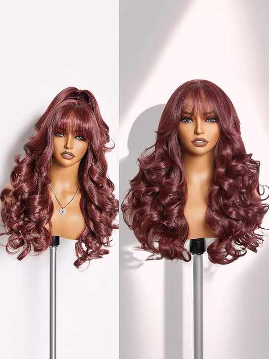 GORGIUS Glueless Wavy Wig with Bangs Burgundy Synthetic Curtain Bang Wig with Realistic Scalp 22 Inch