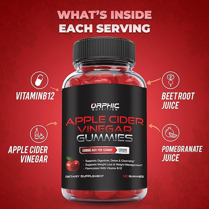 Apple Cider Vinegar Gummies - 1000mg - Formulated to Support Normal Energy Levels & Gut Health - Supports Digestion, Detox & Cleansing - ACV Gummies W/VIT B12, Beetroot (60 Gummies)