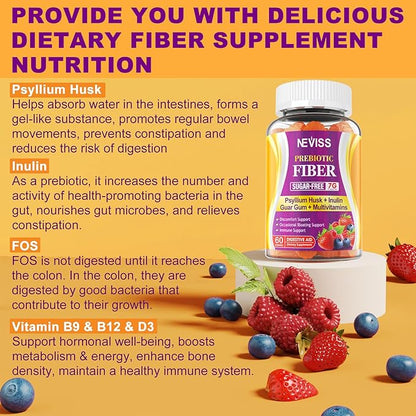 Prebiotic Fiber Gummies for Adults 7G with Psyllium Husk Fiber , Soluble Fiber + Insoluble Fiber, Inulin, Fos, Multivitamin Supplement for Daily Digestive Health, Regularity Gut, Sugar Free, Pack of 2