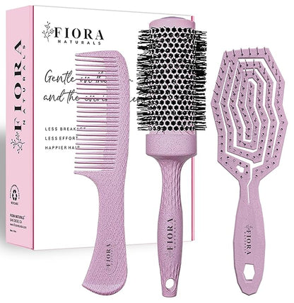 Fiora Naturals Bio-friendly Hair Detangler, Round Brush, and Comb Set for Women - All Hair Types: Natural, Fine & Curly - Ideal for Detangling and Blow Drying