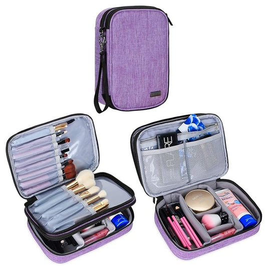 Teamoy Travel Makeup Brush Case(up to 8.8"), Professional Makeup Train Organizer Bag with Handle Strap for Makeup Brushes and Makeup Essentials-Medium, Purple(No Accessories Included)