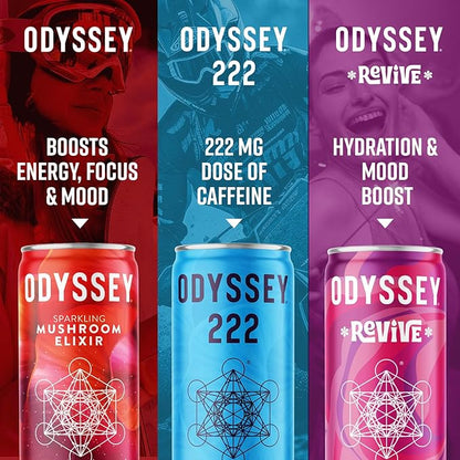 Odyssey Elixir Functional Beverage - Adaptogen Drink - Lions Mane, Cordyceps, L Theanine & Green Tea Caffeine - for Cognition, Energy & Mood Boost - 0 Added Sugar - Passion Fruit Orange Guava - 12 Pk