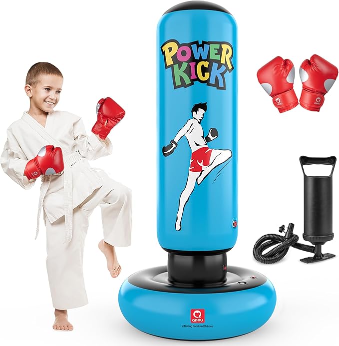 QPAU Kids Punching Bag Toy with Boxing Gloves, 66 Inch Larger Stable Kids Inflatable Boxing Bag Set, Gifts for Boys & Girls Age 6-12, for Practicing Karate, Taekwondo, MMA