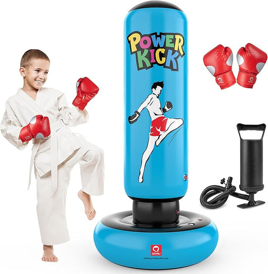 QPAU Kids Punching Bag Toy with Boxing Gloves, 66 Inch Larger Stable Kids Inflatable Boxing Bag Set, Gifts for Boys & Girls Age 6-12, for Practicing Karate, Taekwondo, MMA