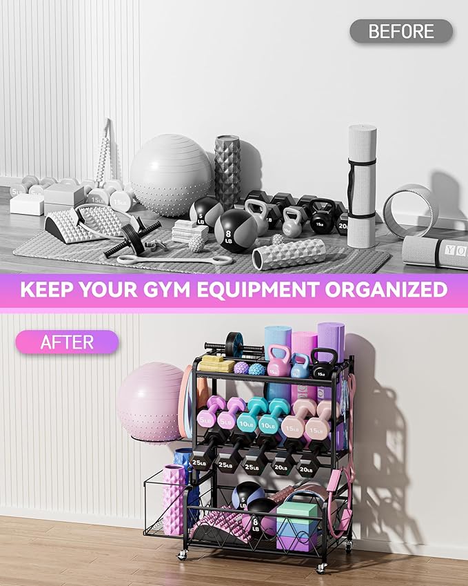 Home Gym Organizer All-in-One Yoga Dumbbell Rack Kettlebell Sets Holder, for Workout Exercise Equipment, Yoga Mat, Fitness Accessories, Home Gym Equipment Storage with Wheels