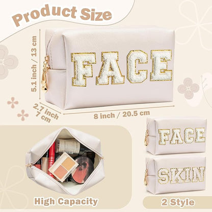 CY2SIDE SKIN Letter Makeup Bag - 2PCS SKIN and FACH Chenille Letter Patch Cosmetic Bag Preppy PU Leather Patch Pouch Waterproof Portable Zipper Travel Organizer Christmas Gifts for Women Girls(White)