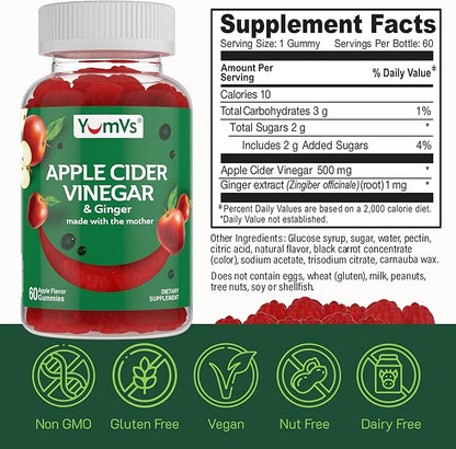Apple Cider Vinegar Gummies with The Mother + Ginger by YumVs | Non GMO, Vegetarian Supplement for Women & Men | Heart Health and Digestive Support | Natural Apple Flavor Chewables - 60 Count