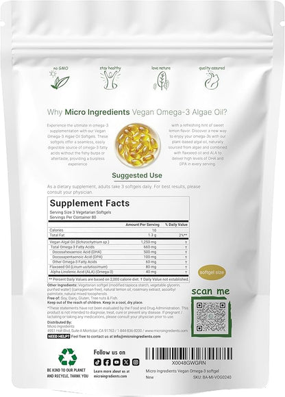 Vegan Omega 3 Algae Oil, 240 Veggie Softgels | Fish Oil Alternative | DHA 500mg & DPA 100mg | Carrageenan Free | Plant-Based Omega 3 with Flaxseed & ALA | Lemon Flavored